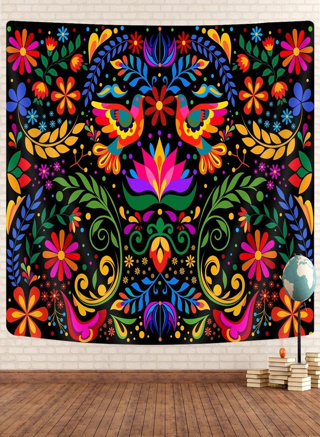 GOAOK Mexico Floral Tapestry, Colorful Mexico Flowers Bird Traditional Aesthetic Hippie Tapestries, Mexican Ornate Ethnic Pastel Plant Tapestry Wall Hanging for Bedroom Living Room 60"x40" - Image 2